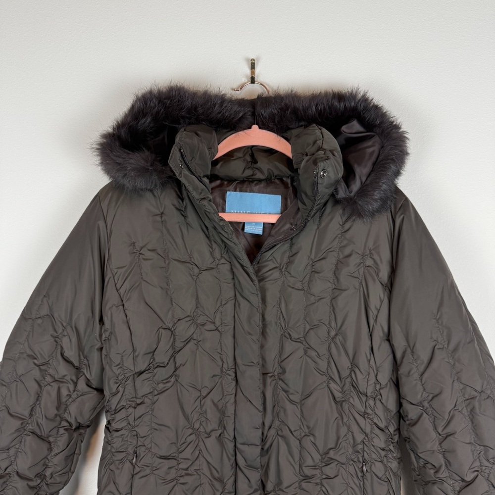 Nine West Brown Quilted Down Jacket Coat Rabbit‎ Fur Trim Hooded Size Medium - Picture 4 of 15